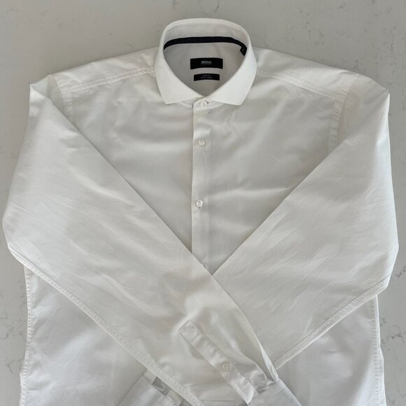Boss Hugo Boss Slim Fit Jery LS Button Down Dress Cotton Shirt White Sz 15.5/39 - Picture 2 of 15